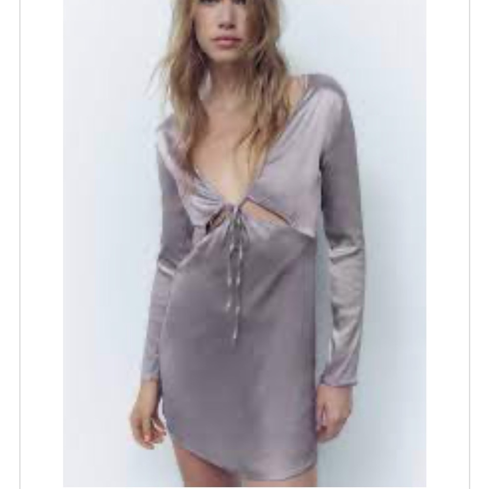 Zara Grey Silver Satin Sheath Beyoncé Long Sleeve Cut-Out Dress Size Small